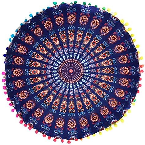 Xinhuaya 17" Round Pillow Cover, Decorative Mandala Pillow Sham, Indian Bohemian Pillow Cases, Linen Cotton Outdoor Cushion Cover
