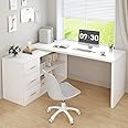 HSH White L Shaped Desk with Drawers Shelves, Corner Home Office Desk L Shape with Storage Cabinet, Large Wood Computer Desk for PC Executive Work Writing Study, Modern Living Room Bedroom Table,60 In
