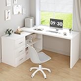 HSH L Shaped Desk with Drawers Shelves, Corner Home Office Desk with Storage Cabinet, Large Wood Computer Desk for PC Executi