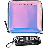 Women PU Faux Leather Fashion Holographic Shiny Laser Zip Around Wallets Coin Purse with Neck Lanyard (Blue)