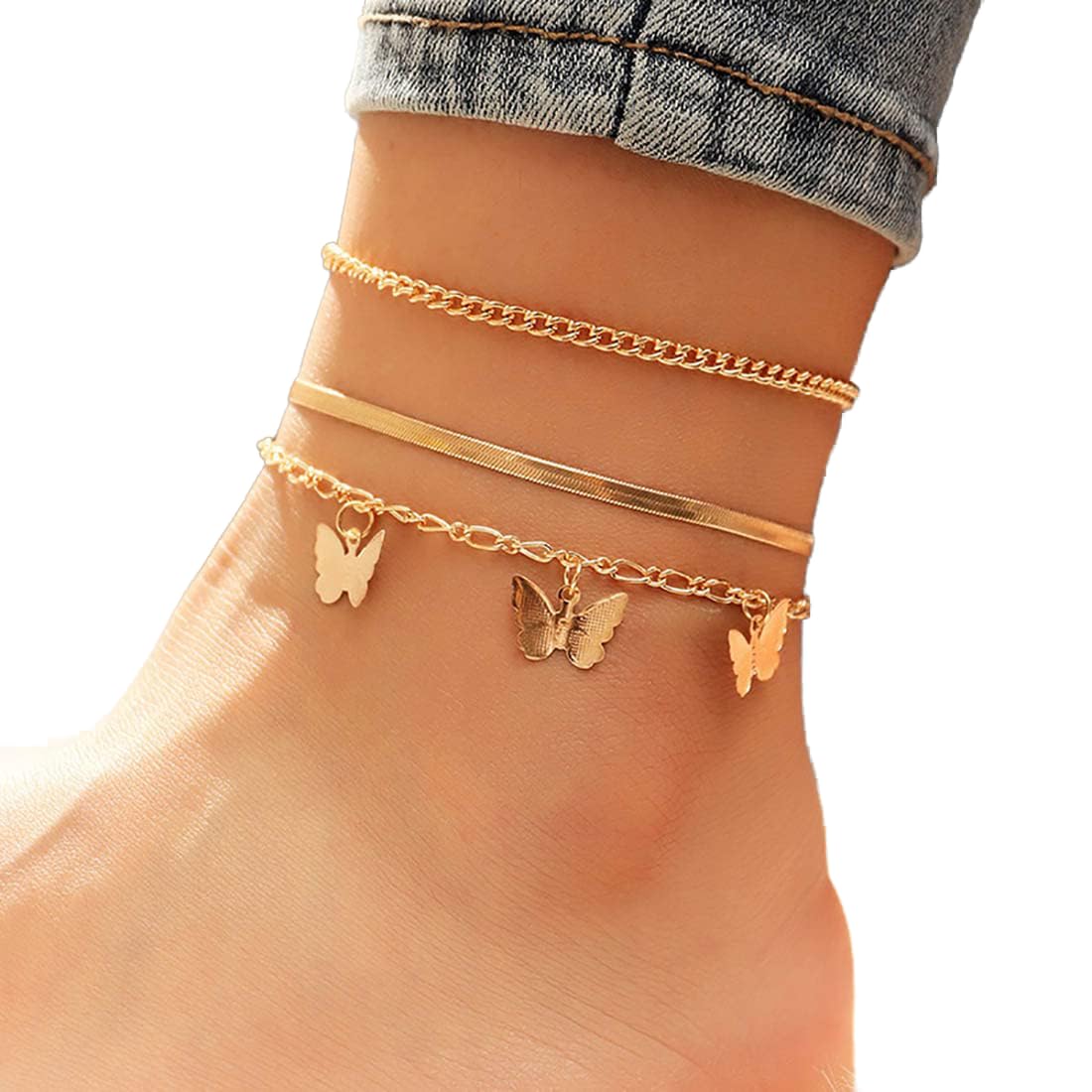 Prosy Beach Layered Butterfly Anklet Gold Ankle Bracelets Chain Foot Jewelry Adjustable for Women Girls