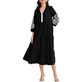 Ladyful Womens Summer Tiered Maxi Cotton Dress Tassel Embroidered 3/4 Sleeve V Neck Flowy Fall Vacation Beach Dress