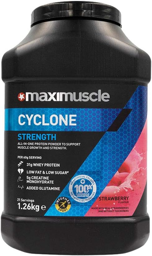 MaxiNutrition Cyclone, Strawberry, Premium Whey Protein Powder + Creatine, Glutamine & HMB, Low in Sugar and Fat