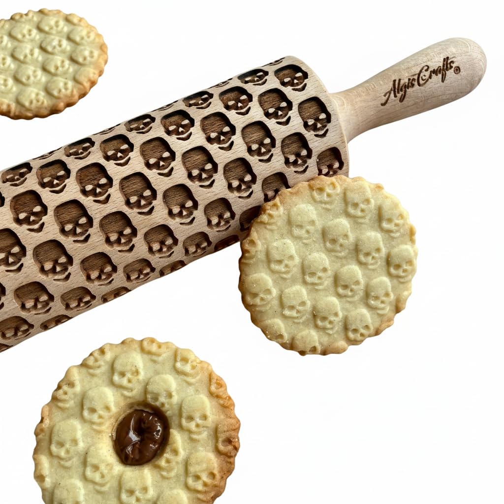 Skulls Embossing Rolling Pin. Laser Engraved Dough Roller for Embossed Cookies and Pottery by Algis Crafts