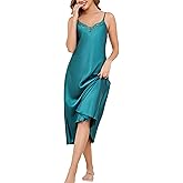 Vlazom Women's Satin Nightgowns Sexy Lingerie Long Nightgowns Satin Silk Negligee V Neck Lace Chemise Sleepwear S-XXL