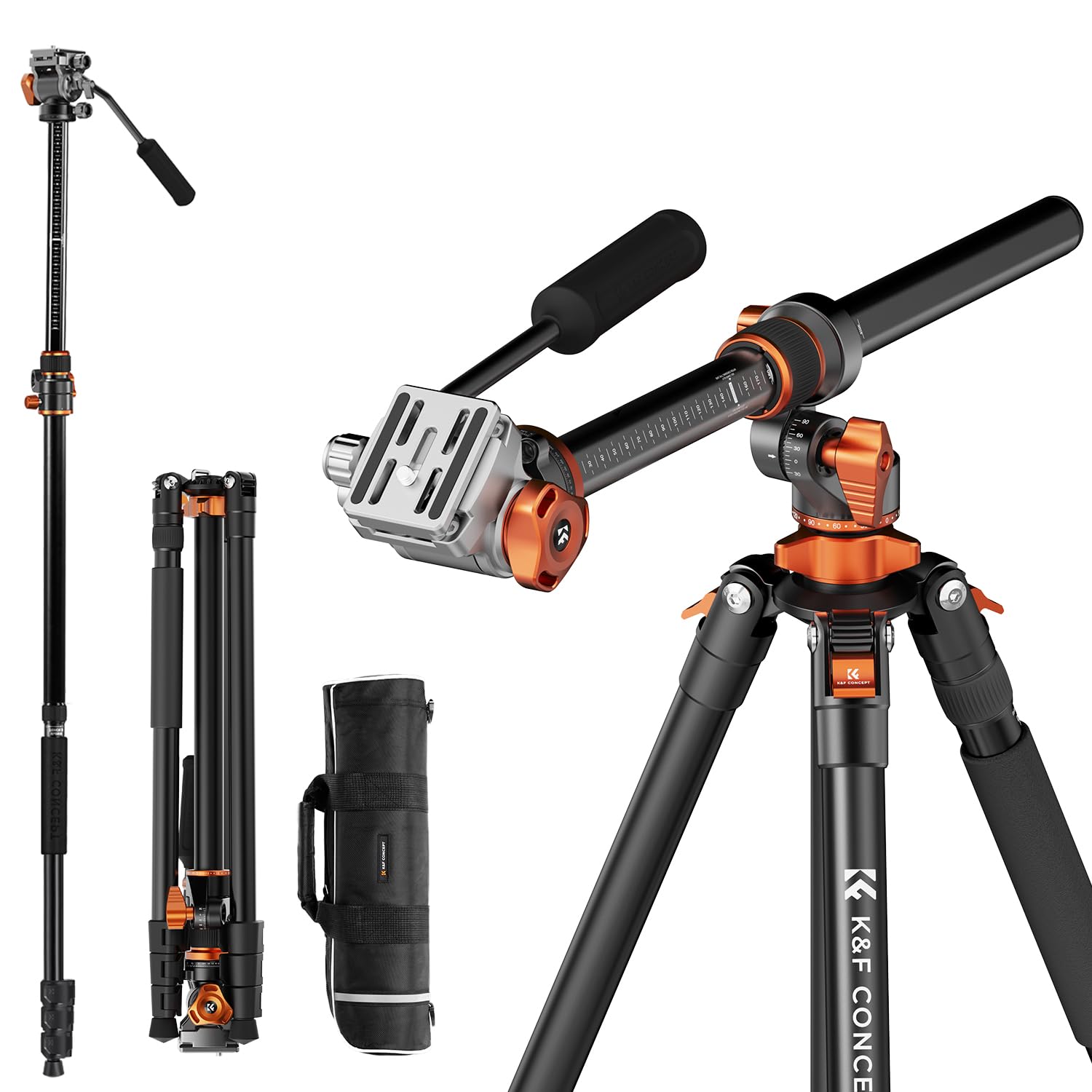 K&F CONCEPT 91" Video Tripod with Universal center column, Heavy Duty Tripod with Arca Swiss-Compatible Fluid Head & Quick Release Plate for DSLR Camera, Camcorder, Load Capacity 5KG/11LBS