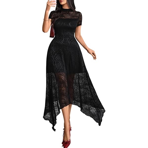 Women's Hollow Embroidery Lace Dress Solid Color Mock Neck Short Sleeve A-Line Midi Dresses 1 S(4) at Amazon Women's Clothing store Women's Hollow Embroidery Lace Dress Solid Color Mock Neck Short Sleeve A-Line Midi Dresses 1 S(4) at Amazon Women's Clothing store