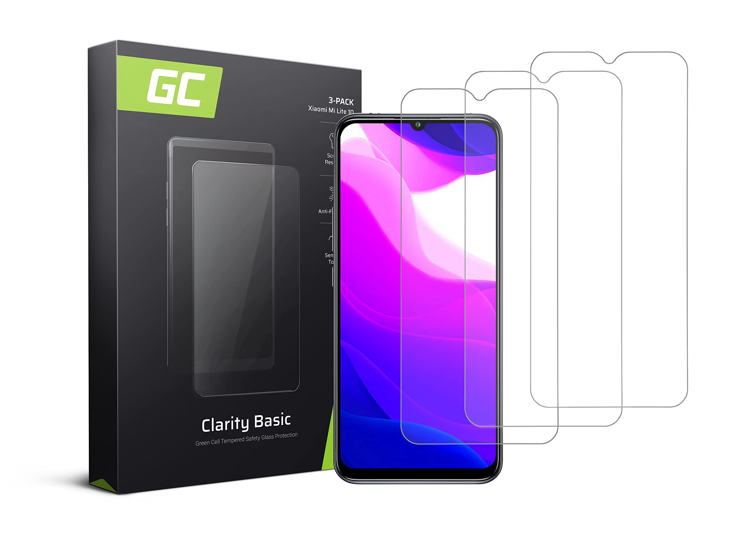 Green Cell Protective glass for Xiaomi Mi 10 Lite, 3X screen protector, protective glass, 9H hardness, anti-scratch, ultra-thin glass film, glass screen protector, anti-oil tempered glass film