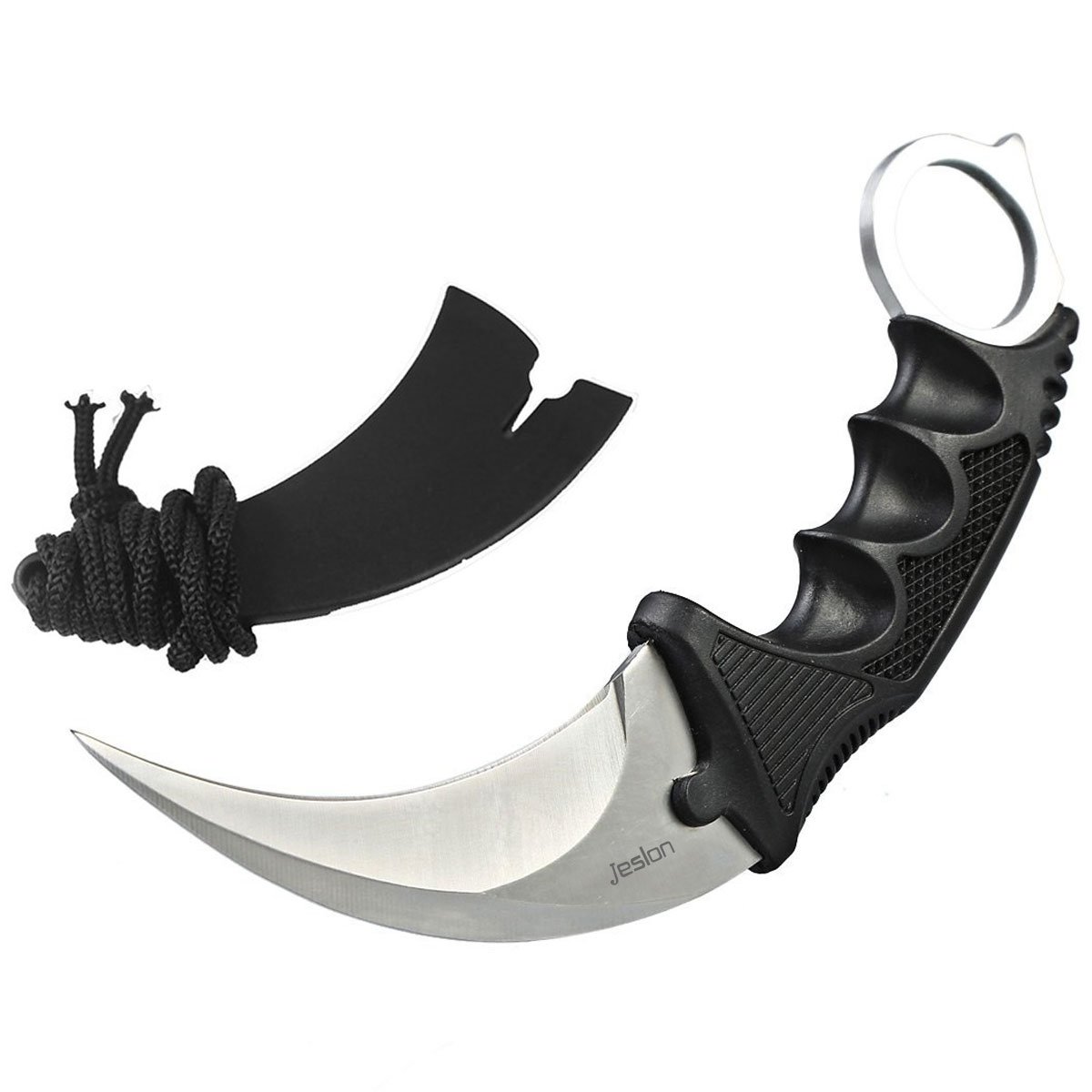Jeslon Stainless Steel Tactical Karambit Hawbill Knife With Sheath and Cord,Survival Defense Claw Fixed Knife For Outdoor Hunting Camping Hiking Tools (Silver)