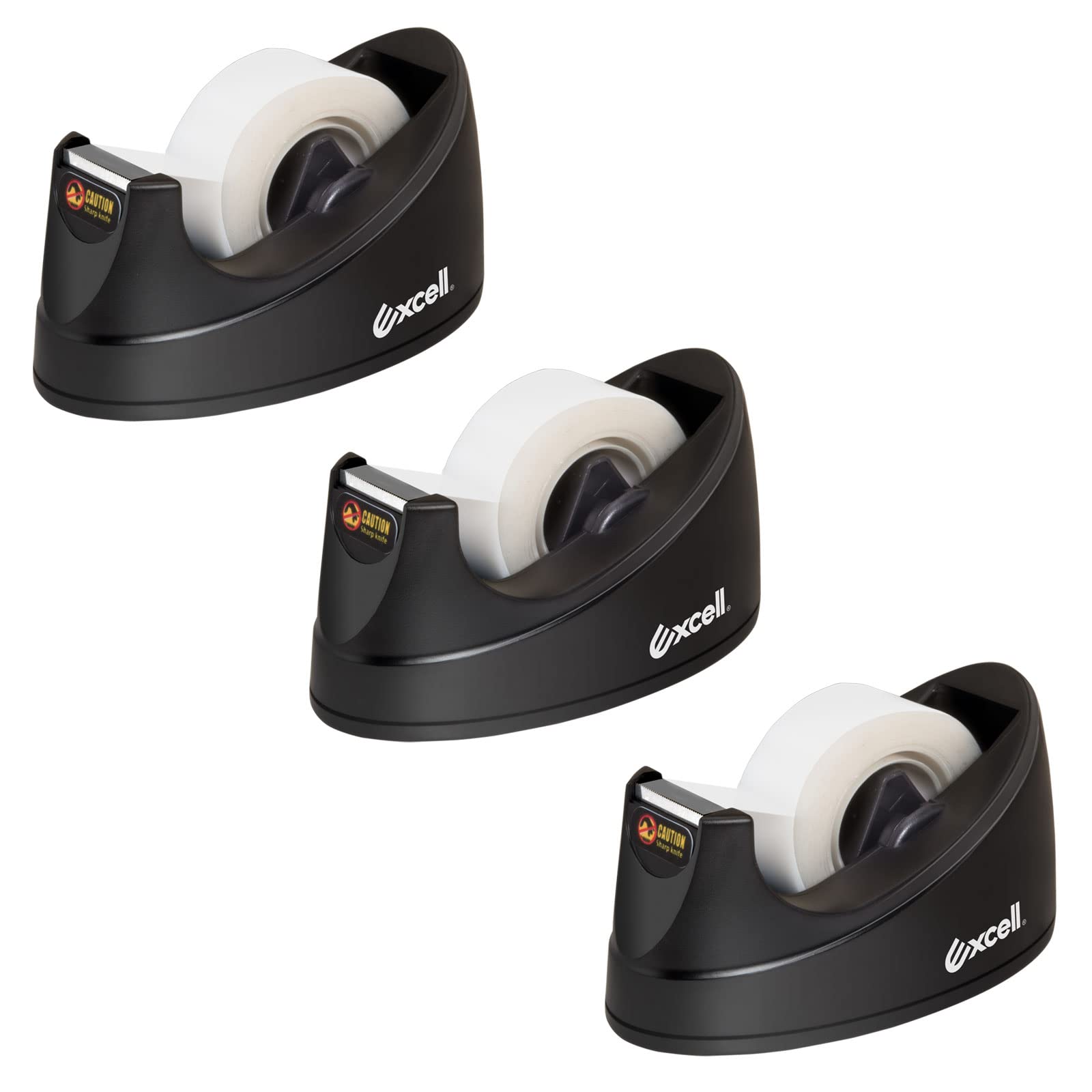 Excell Mini Desktop Tape Dispenser 3 Pack, One-Hand Use with Non-Skid Base, Secure “Click” Core Lock to Prevent Falling, Fits 3/4” (19mm) Tape & 1” (25.4mm) Core, Anti-Rust Blade, No Tape