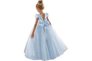 JISISANG Flower Girls Lace Cap Sleeve Dress for Wedding Puffy Tulle Back V-Neck Pageant Prom Ball Gown with Bow