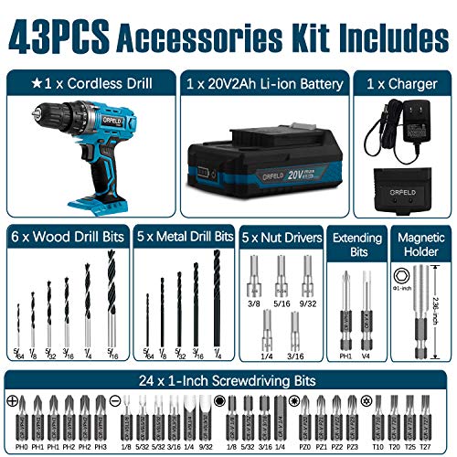 ORFELD Cordless Drill, 20V Drill Driver with 2.0Ah Battery, Built-in LED, 2 Variable Speed, 270 In-lbs Torque, 20 Clutch, 3/8'' Metal Keyless Chuck, 43 pcs Accessories, Blue - Thumbnail 4