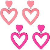 2 Pairs Heart Earrings, Heart Dangle Earrings for Women, Acrylic Double Hearts Drop Earring for Gifts (Hot Pink, Rose Red)