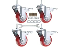 AOCHENLY Heavy Duty Stem Caster Wheels Double Bearing PU Castors No Noise Swivel Casters M8-1.25x25mm 4 Packs with Dual Locking (3 Inch,with Brake)
