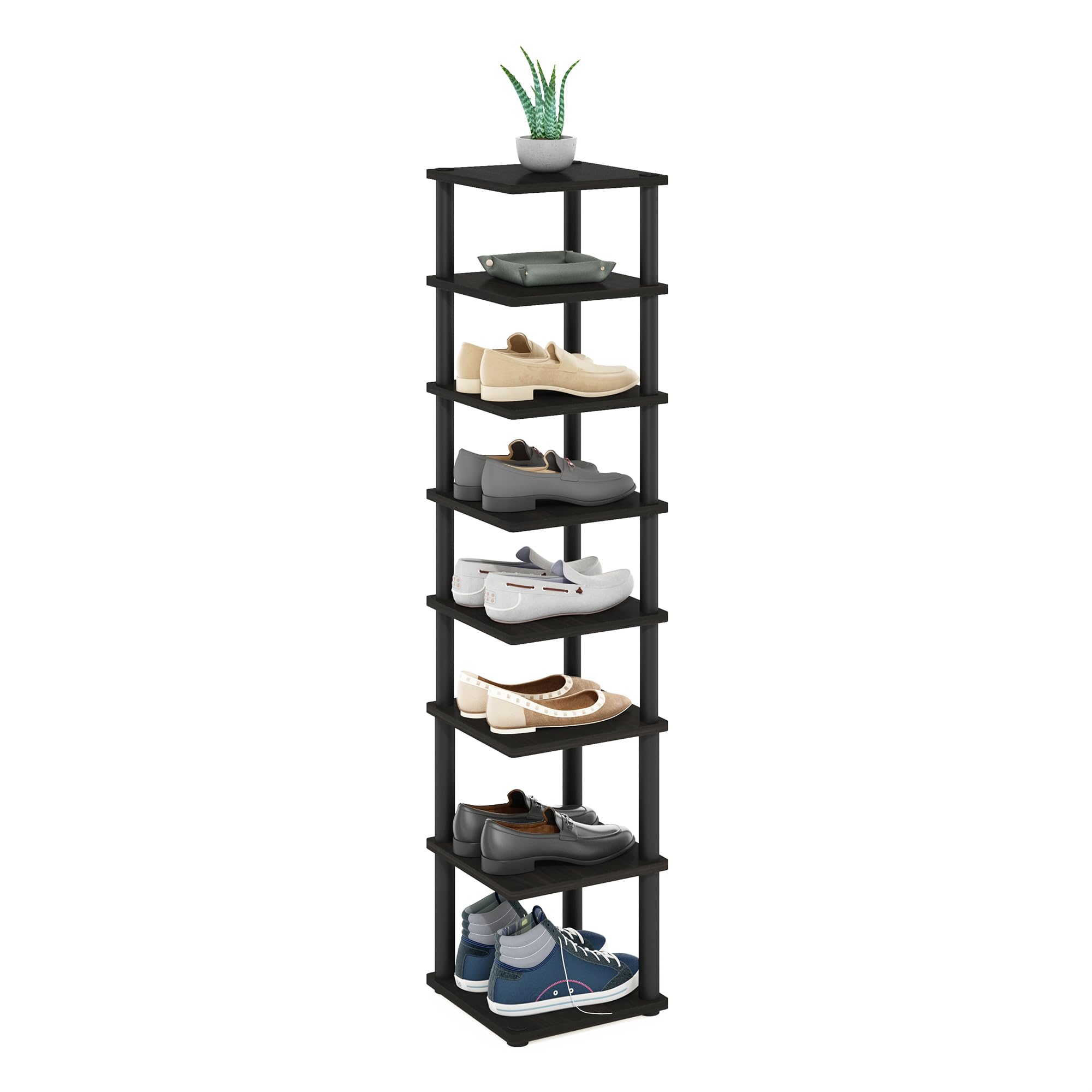 Furinno Turn-N-Tube Vertical Shoe Rack, 8-Tier Narrow Shoe Organizer, Free Standing Shoe Storage, Shoe Shelf for Boots, Sneakers, 11.6 x 11.6 x 52.6, for Closet, Entryway, Office, Garage, Espresso Image