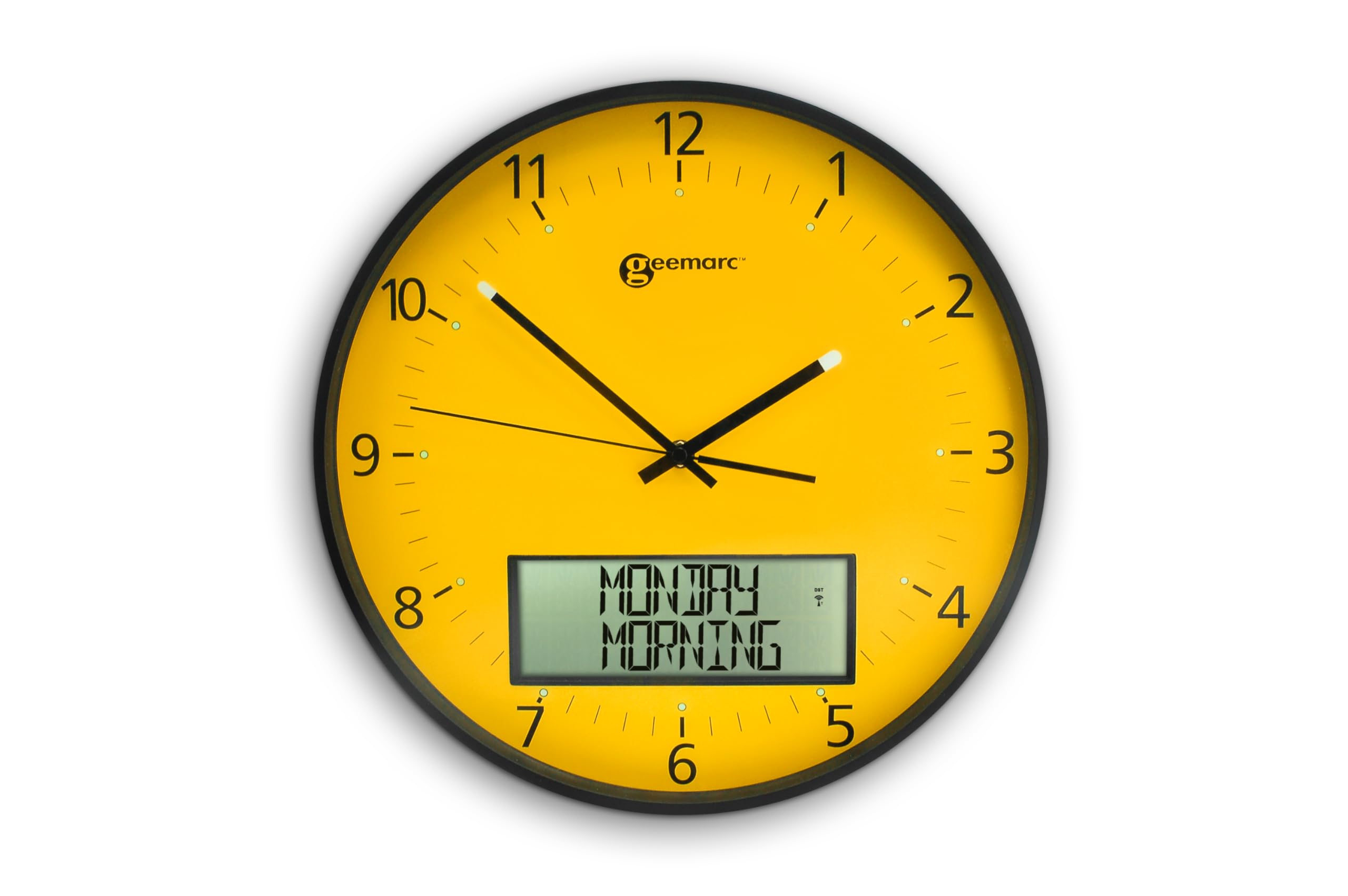 Geemarc Large Analogue Clock with Full Date and Time on Digital Display - The Self-setting Viso 60 with High Colour Contrast - Ideal for People Living with Dementia and the Visually Impaired - Yellow