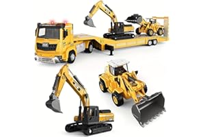 Unimoly Alloy Die-Cast Construction Vehicles Toys Set w/Semi Truck, Excavator & Bulldozer - Real Lights & Sounds, Movable Parts - Learning Toys Gift for 3-7 Year Old Boys Girls