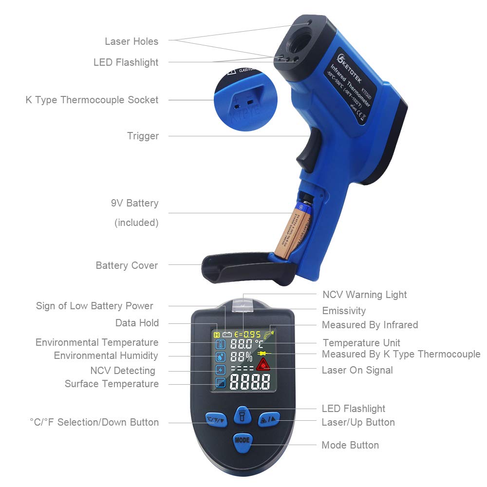 KETOTEK Infrared Thermometer Gun Dual Laser Temperature Gun IR Non-contact with Humidity Measurement -50℃~550℃ K thermocouple Probe Color LCD NCV for Cooking Pizza Oven BBQ Car Fridge Industrial - Image 4