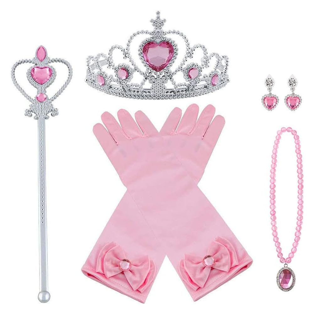 Vicloon Princess Dress Up Accessories, 7PCS Princess Costumes Set, Included Princess Crown, Gloves, Magic Wand, Necklace, for Kids Girls Halloween Party Cosplay Set for 3-9 Years - Pink
