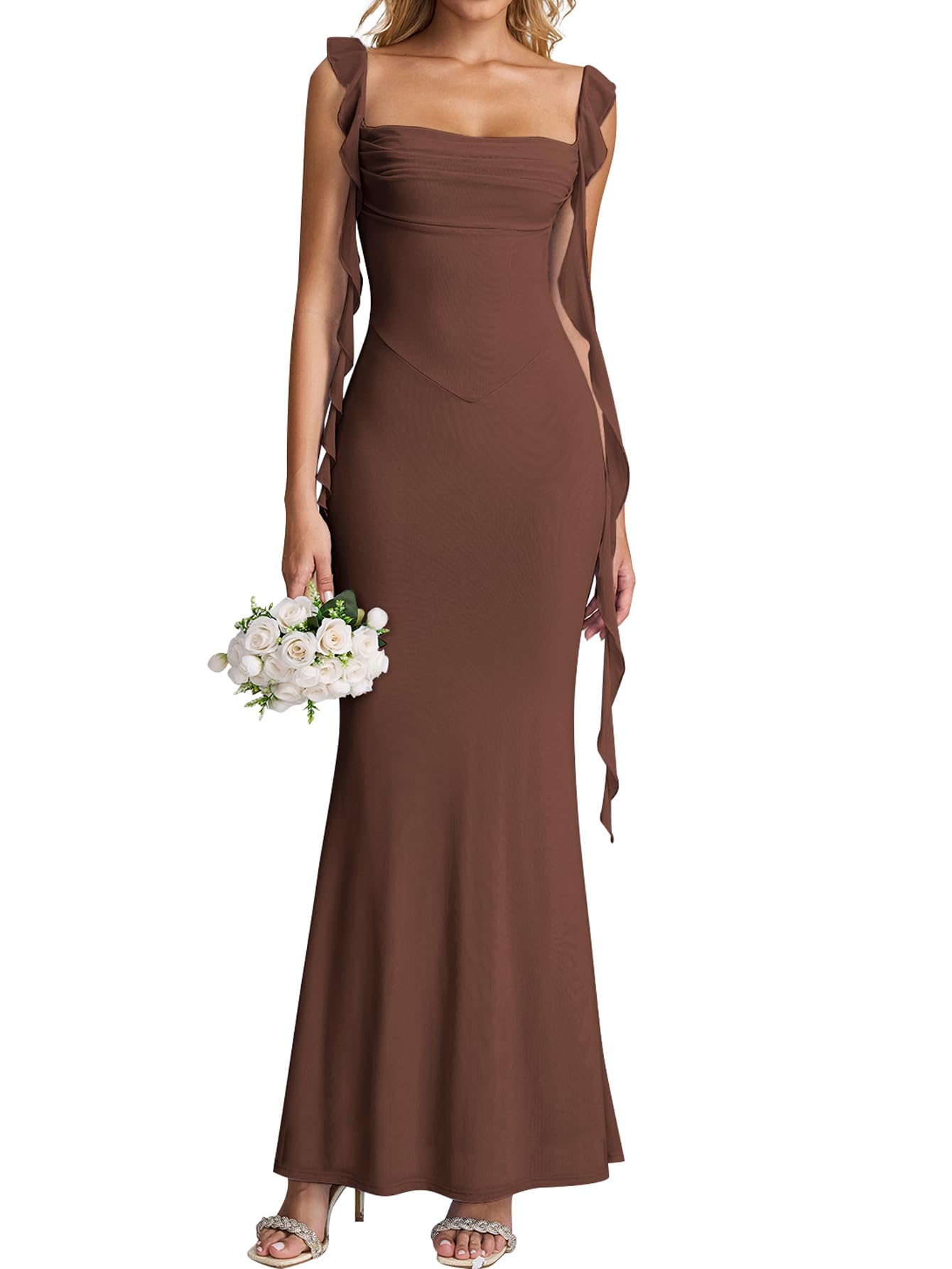 Photo 1 of KUTUMAI Elegant Long Formal Wedding Guest Dresses for Women Ruffle Bodycon Cocktail Party Maxi Dress Brown S