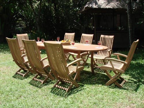 TeakStation 8 Seater Grade-A Teak Wood 9pc Dining Set: 94" Double Extension Oval Table and 8 Warwick Reclining Arm Chairs #TSDSWR5