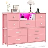 Dresser for Bedroom with 9 Drawers, Storage Organizer TV Stand for 55" TV with LED Lights and Sockets, Fabric Chest of Drawers with PU Finish for Kid Room, Entryway, Living Room, Hallway, Pink
