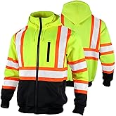 FONIRRA Hi Vis Safety Fleece Zip Hoodie for Men Reflective Sweatshirts ANSI Class 3 Jackets Detachable Hood (Yellow,L)