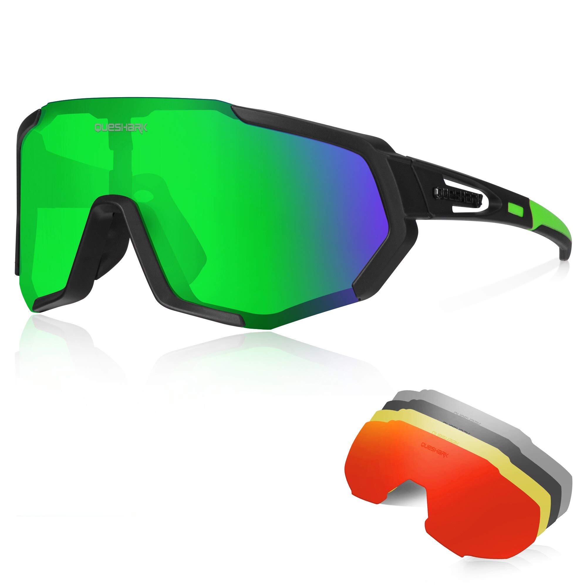Queshark Cycling Glasses, TR90 Unbreakable Frame Polarized Sports Sunglasses, Bike Glasses for Men Women with 5 Interchangeable Lens, Anti-UV400 for Driving Fishing Glof Baseball Running Hiking