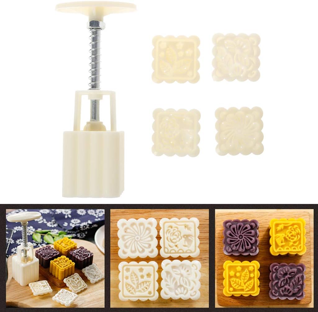 WuLi77 1 Barrel 4 Stamps Flower Mooncake Mould, DIY Pastry Square Moon Cake Mould 50g