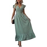 LIGHT DOT Women's Casual Dress V Neck Wrap Dress Short Ruffle Sleeve Flowy Maxi Dress High Waist