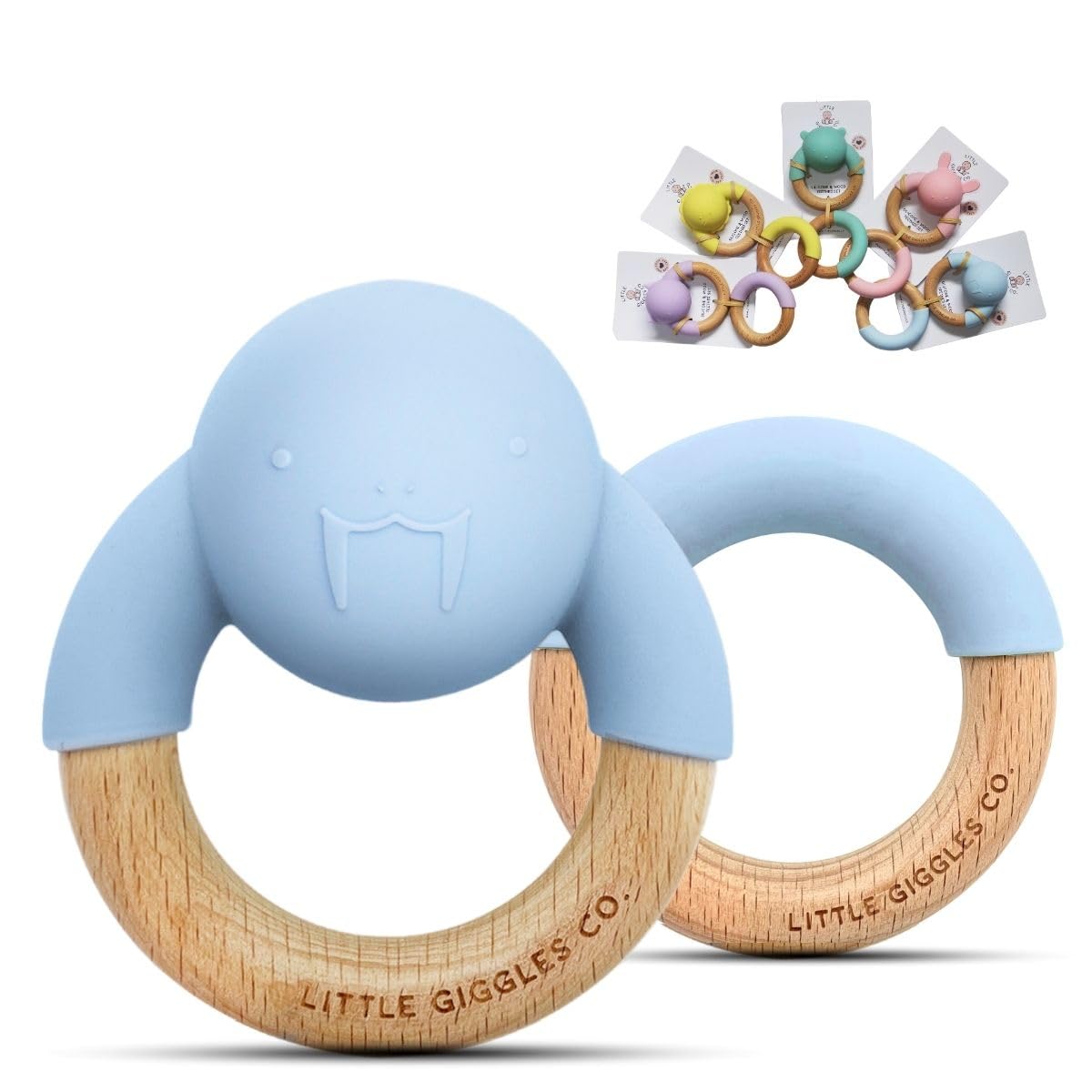 Little Giggles Co.® Teething Toys for Baby Boy Gifts - Teething Ring & Sensory Rattle, Easy Grip Teethers for Infants, Baby Toys for 4 Months+, Newborn Essentials for Teething Relief (Blue Walrus)