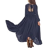 MITILLY Girls Boho Lace Flower Backless Crew Neck Long Sleeve Ruffle Swing Maxi Dress with Pockets