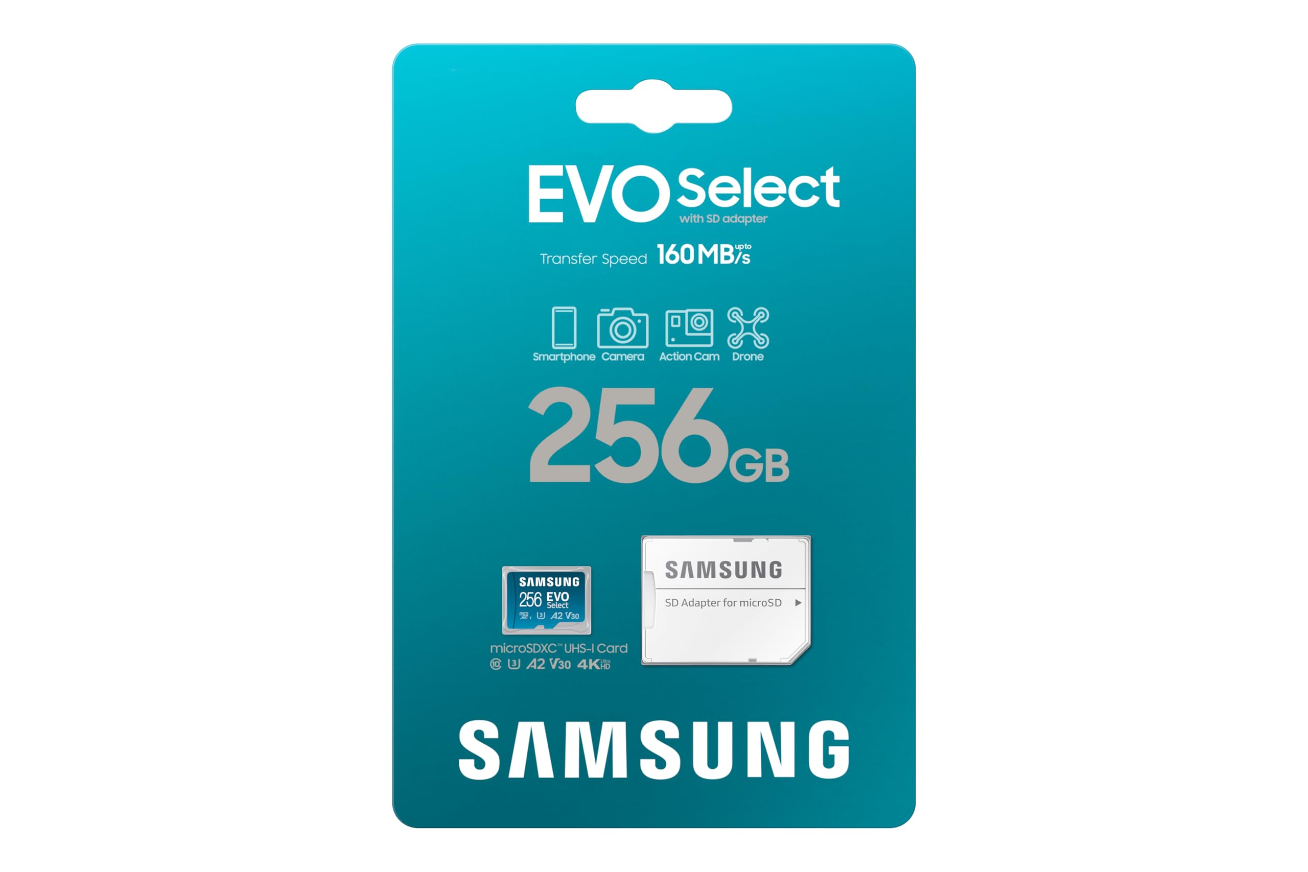 Samsung EVO Select (2024) microSD-Karte + SD-Adapter, 256 GB, Speicherkarte für Smartphone und Tablet, UHS-I U3, 4K UHD, Full HD, 160 MB/s Lesen, MB-ME256SA/EU 9