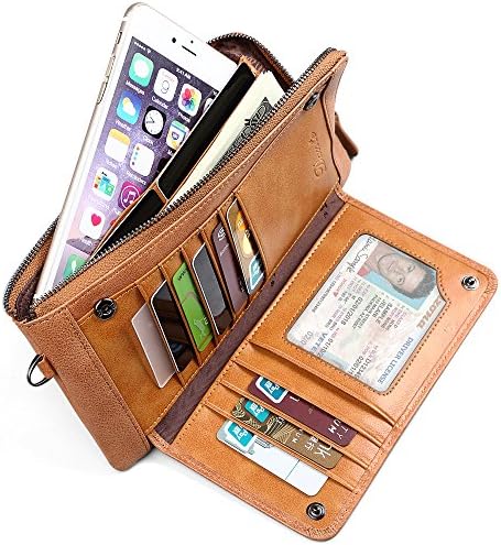 Dante Men's Genuine Leather Bifold Long Wallet,Credit Card Holder,Zipper Clutch with Checkbook Cover Cellphone Pocket,Brown