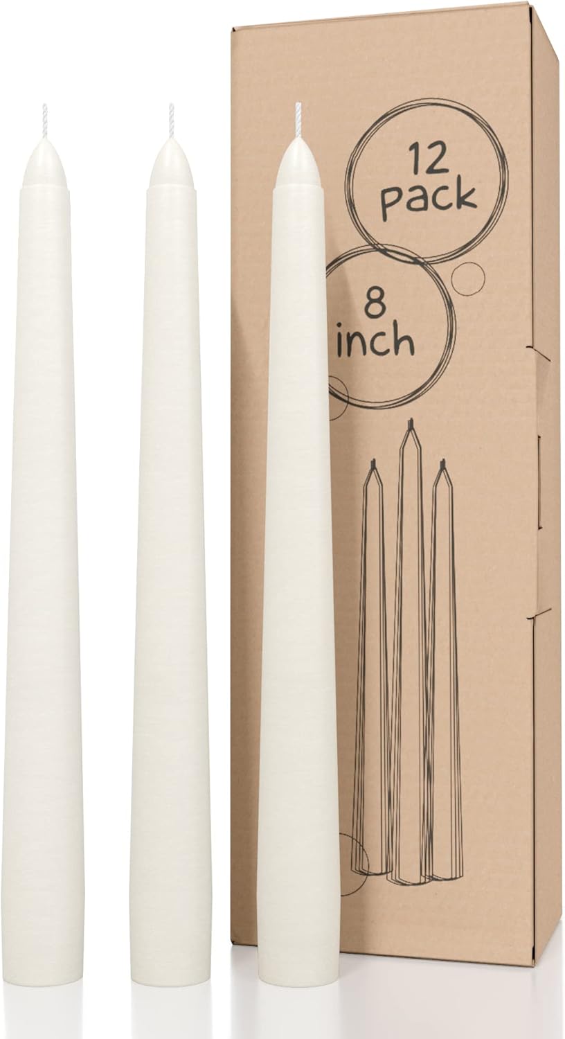 Candles & Holders - CANDWAX Ivory Taper Candles 8 inch Dripless - Set of 12 Tapered Candles Ideal as Dinner Candles - Smokeless and Unscented Taper Candles Long Burning - Hand Poured Tall Candlesticks