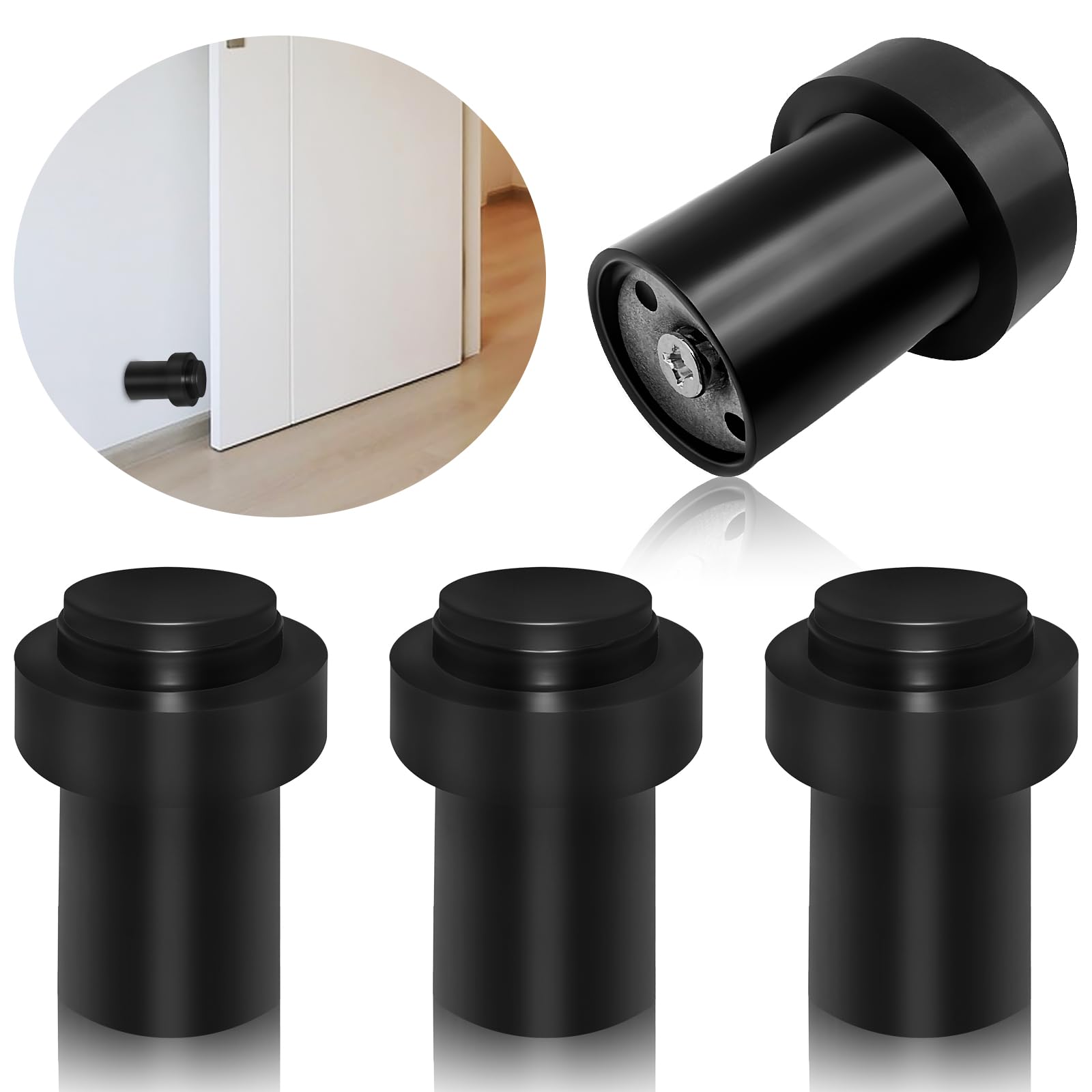 Abaigeal 4 Pack Door Stops Black, Floor Mounted Door Stopper with Rubber Bumper, 60MM Door Stop Heavy Duty Doorstop Stainless Steel Door Stops Bumper Wall Protector Floor Door Stopper for Skirtings