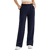 PINSPARK Woman Wide-Leg Sweatpant Warm French Terry Lounge Sweat Pants Straight Leg Fall Trendy Classic Outfits Interior Drawstring Sports Pant with Pockets Large, Pitch Blue