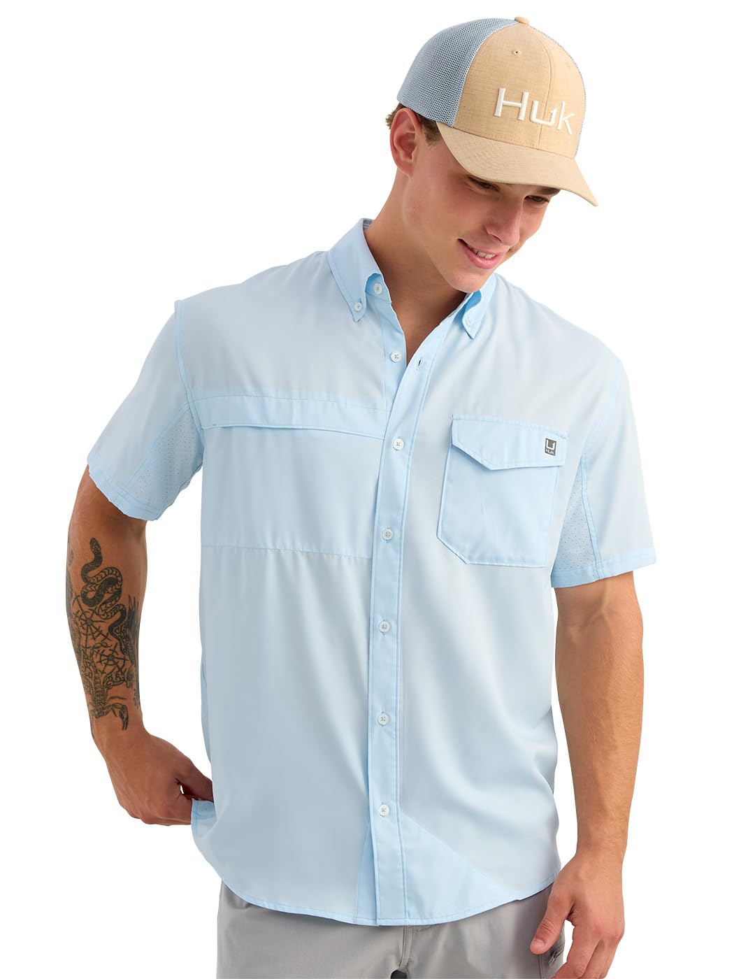 HUK Mens Tide Point Solid Short Sleeve Shirt, Button Down for Men, Coastal Drift, Medium Image