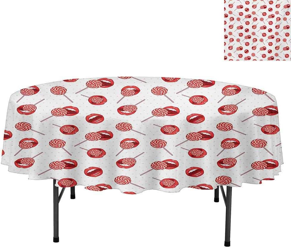 Round Polyester Tablecloth, Sexy Woman Lips with Sweet Candies on Old Fashioned Polk, Dust-Proof Table Cover for Kitchen Dinning, Round 54", Pale Peach Vermilion