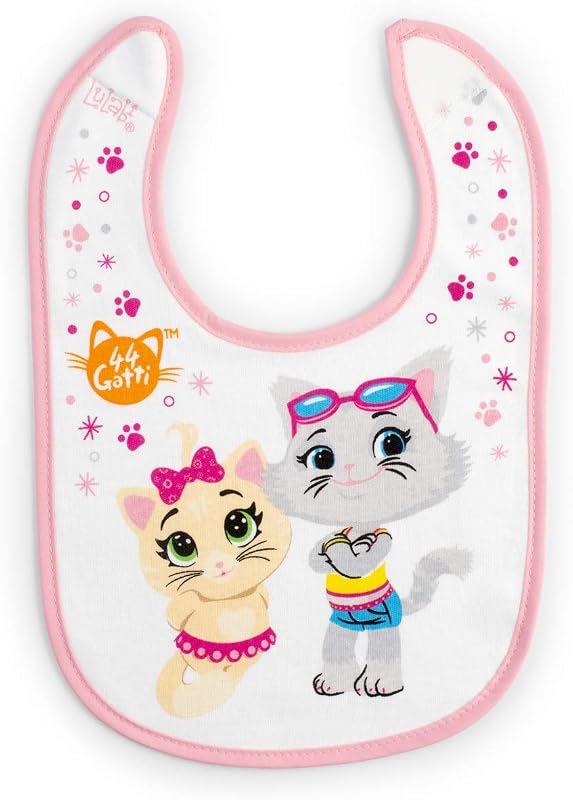 44 GATTI GIRL - 3er-Set aus Babylätzchen, 100% aus weicher Baumwolle mit "44 Katzen" Aufdruck, Lätzchenpackung, Klettverschluss, hypoallergen, wiederverwendbar, unisex, 19 x 17 cm - Bunt