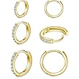 925 Sterling Silver Small Hoop Earrings Cubic Zirconia Huggie Hoop Earrings, 3 Pairs 14K White Gold Plated Cartilage Piercing Earrings Ear Cuff Tiny Hoop Earrings for Women Men