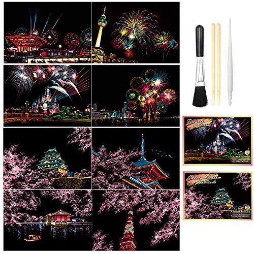 Scratch Art Paper(7.9"x 5.5") for Kids & Adults, Mini Scratch Off Art Night View Scratchboard, Painting Gift, Craft Kits : 2 Sheets Scratch Cards & Drawing Pen, Clean Brush (B)