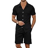 MLANM Men's 2 Piece Outfit Summer Short Sleeve Button Down Shirts and Shorts Sets with Pockets