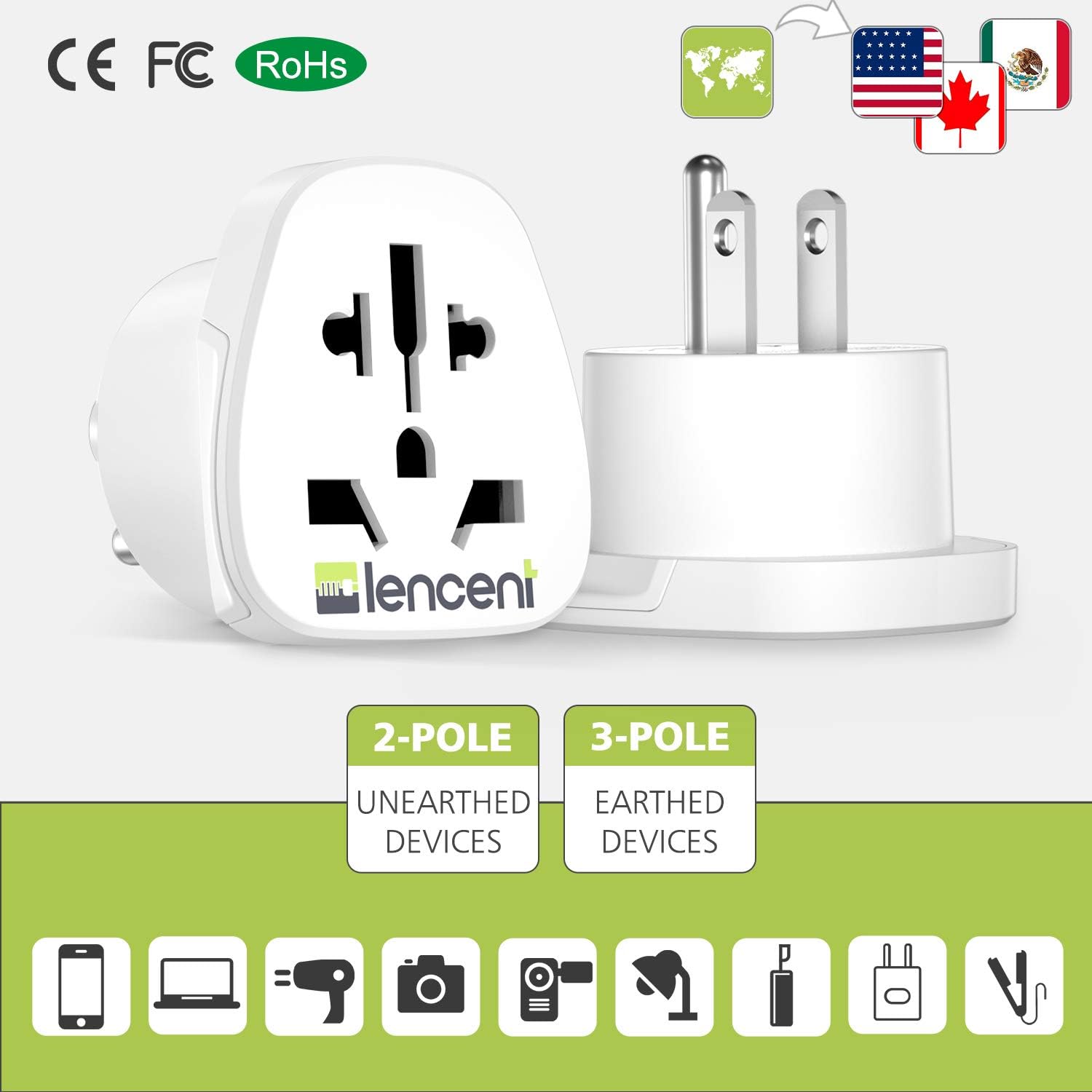 World to US Plug Adapter, [2 Packs] LENCENT European EU Europe / UK / Australia / China / Italy to USA American Outlet Power Adaptor Travel Plug Converter: Electronics