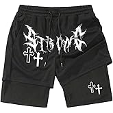 SHENHE Men's Graphic Shorts with Liner Y2K Cross Print Drawstring 2 in 1 Goth Gym Anime Shorts