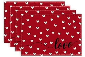 ARKENY Valentines Day Placemats 12x18 Inches Set of 4, Love Heart Seasonal Farmhouse Burlap Red Indoor Kitchen Anniversary Wedding Dining Table Mats Decorations for Home Party AP023-18