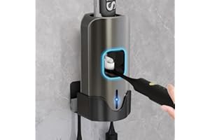 TUCAO Toothpaste Dispenser, Smart Automatic Toothpaste Dispenser Wall Mounted for Bathroom, 3 Lavel Tooth pastetooth Paste Dispenser for Kids, Toothpaste Squeezer w/ 2 Toothbrush Slots Grey