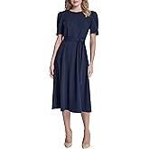 DKNY Womens Short Puff Sleeve Jewel Neck Midi Dress Removable Belt Scuba Crepe Dress