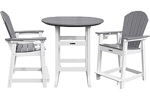 YUSSJI Tall Adirondack Chairs Patio Bar Tables Set of 3, Weather Resistant HDPE 35" Round Outdoor Bar Adirondack Barstools Plastic Height Table Pub, for Garden, Backyard, Yard, Pool, Fire, Pit (Grey)