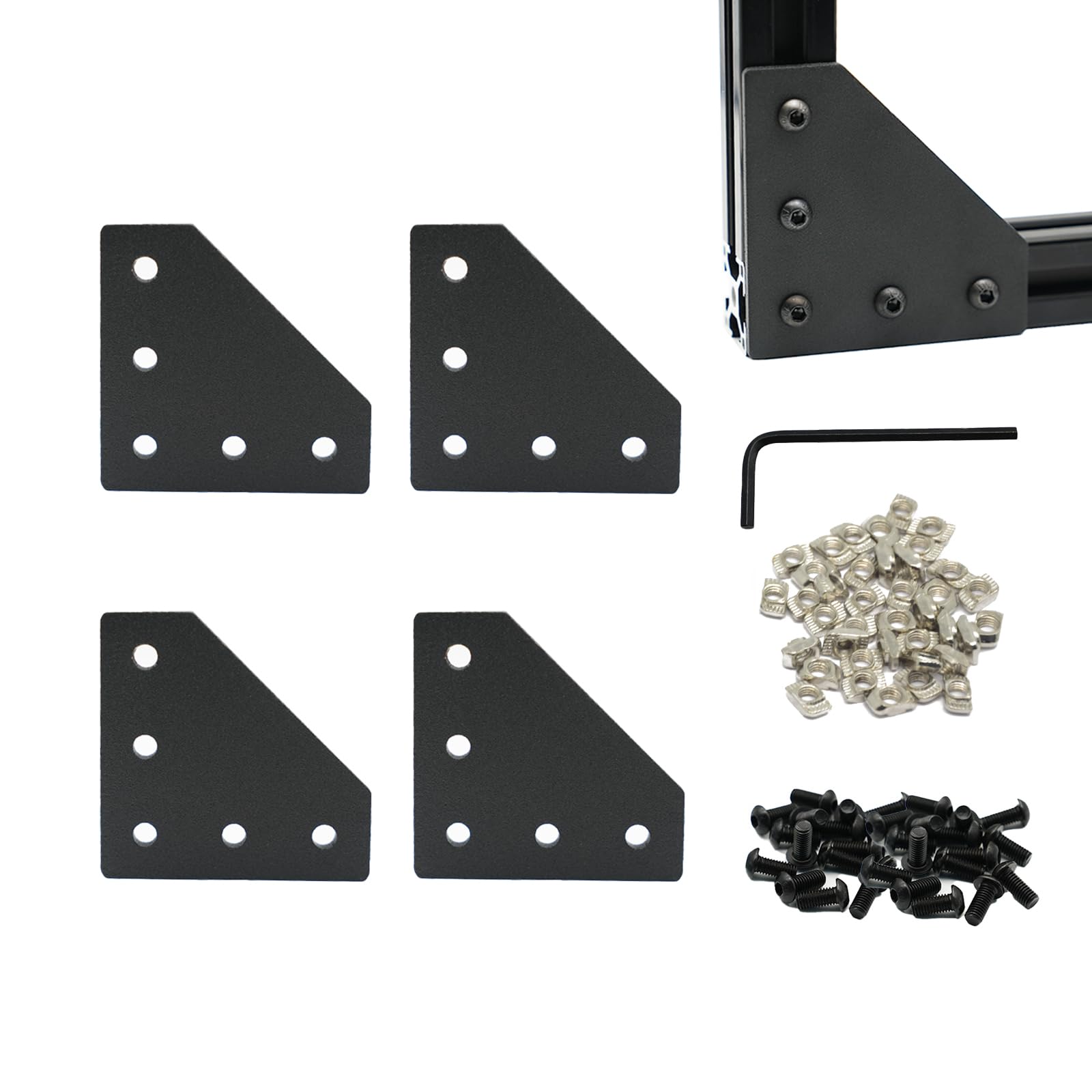 Iverntech 4Pcs Black L Shape Corner Bracket Outside Joint Board Plate with 20Pcs M5 T-Nuts+20Pcs M5 Screws +1Pcs Wrench for Standard 6mm Slot 2020 Series Aluminum Extrusion Profile